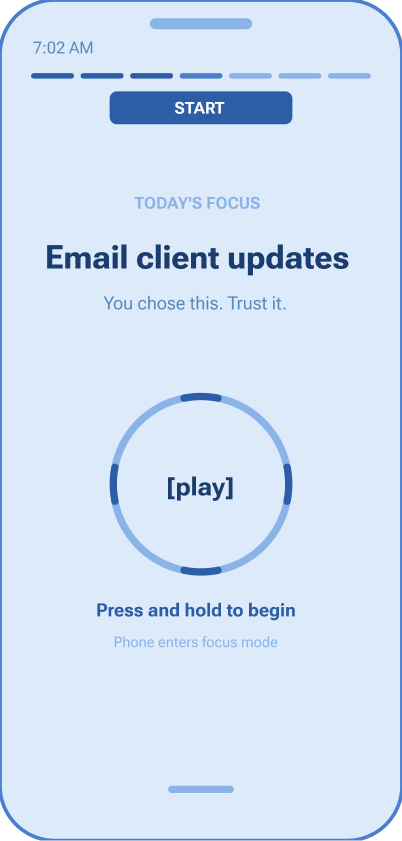 Start screen — email client updates, press and hold to begin